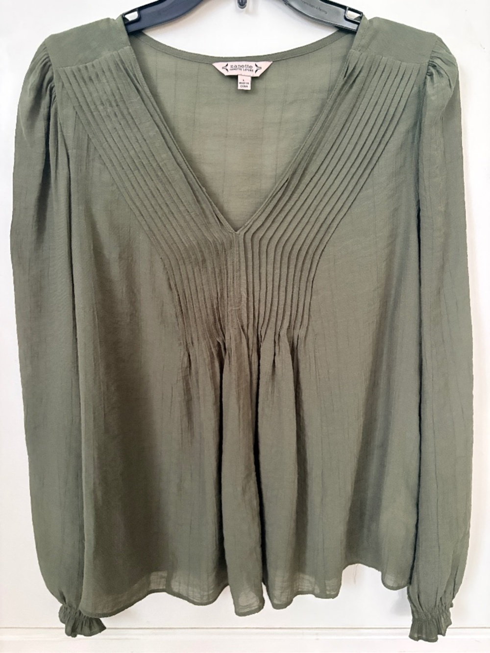 Nanette Lepore Pintuck Pleated V-neck Blouse in olive green.